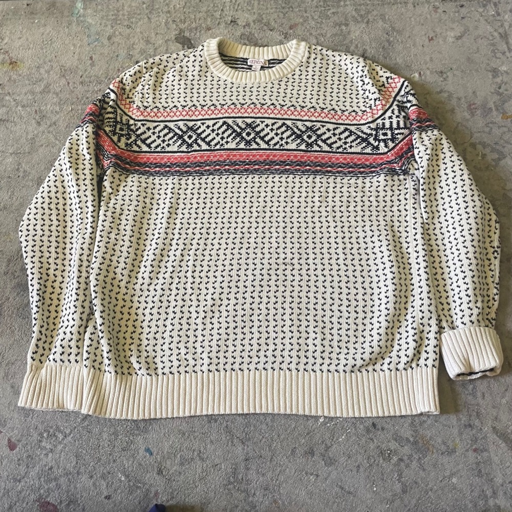 Merona Mens Large Fair Isle Knit Sweater Cream Navy Red Nordic Crewneck L